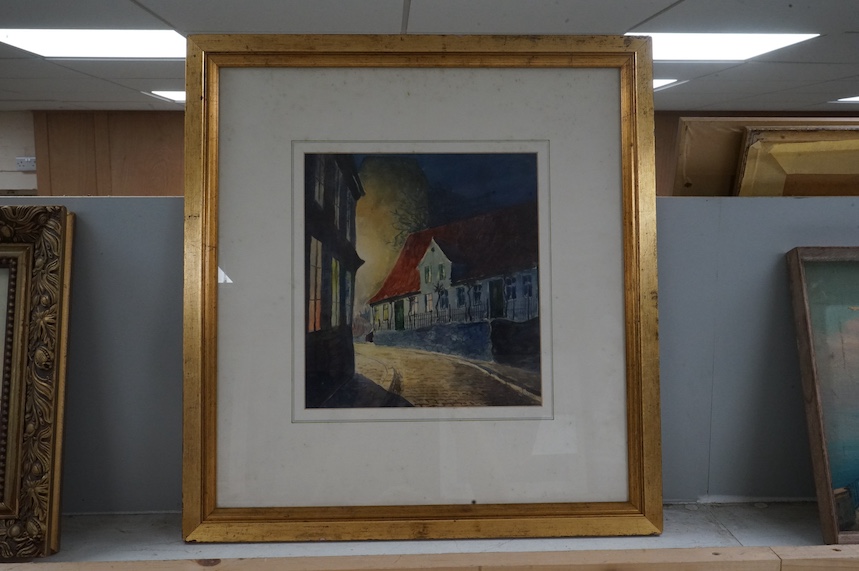 Lowinski, watercolour, ‘Flensburg, Poland’, signed, inscribed verso, 25 x 23cm. Condition - fair to good